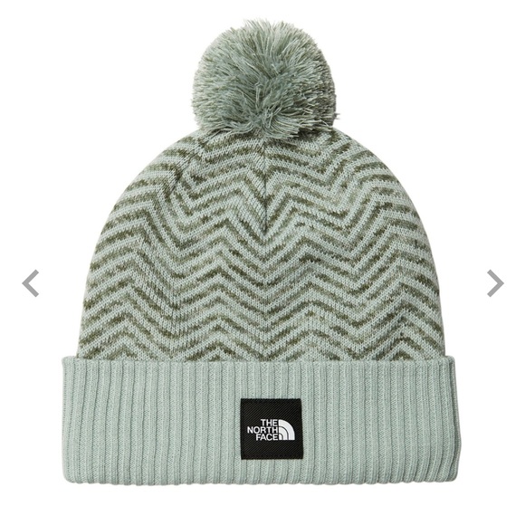 The North Face Girls’ Chevron Pom Knit Beanie w/ Ribbed Cuff Green NWT - Picture 1 of 4